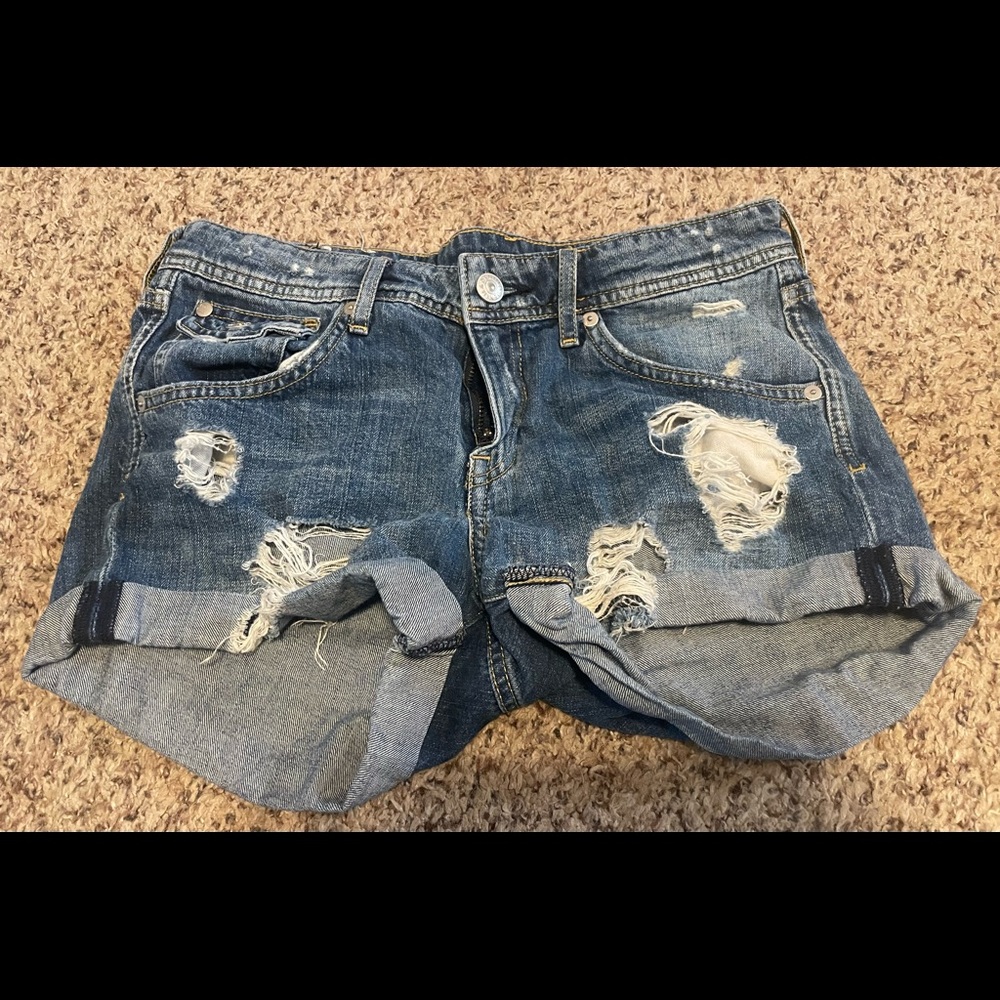 Dark Washed Distressed Jean Shorts